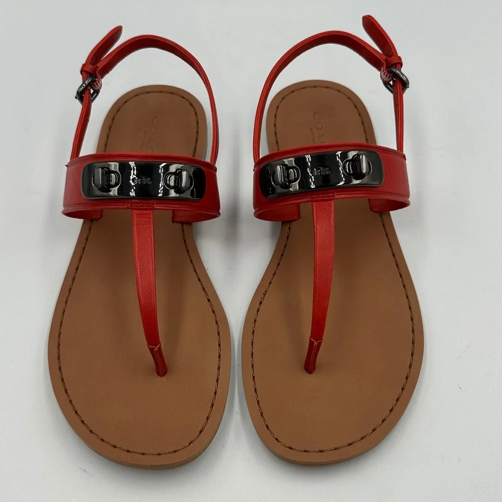 Coach Red Leather T-Strap Sandals